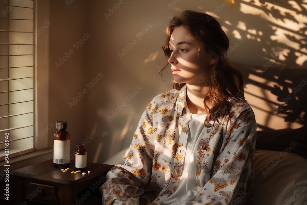 Woman sitting alone in dimly lit room with pill bottles on bedside table leaves casting shadows on the wall. Autumn melancholy concept. Woman sitting alone in dimly lit room with pill bottles on bedside table leaves casting shadows on the wall. Autumn melancholy concept.