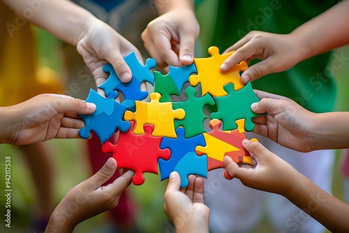 Collaborative Play: Children Assembling Colorful Puzzle Pieces Together