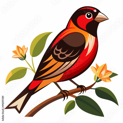 Finch bird Vector glossy Style with A flower Tree Branch on a White Background.