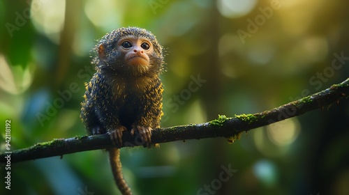A pygmy marmoset perched on a branch in the Amazon rainforest.