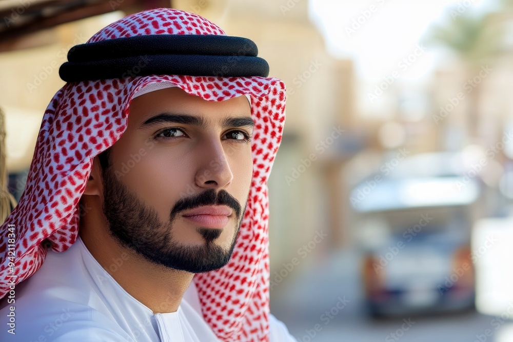 Local Middle Eastern Arab man looking on his side wearing Kandura traditional UAE menswear with generative ai Local Middle Eastern Arab man looking on his side wearing Kandura traditional UAE menswear with generative ai