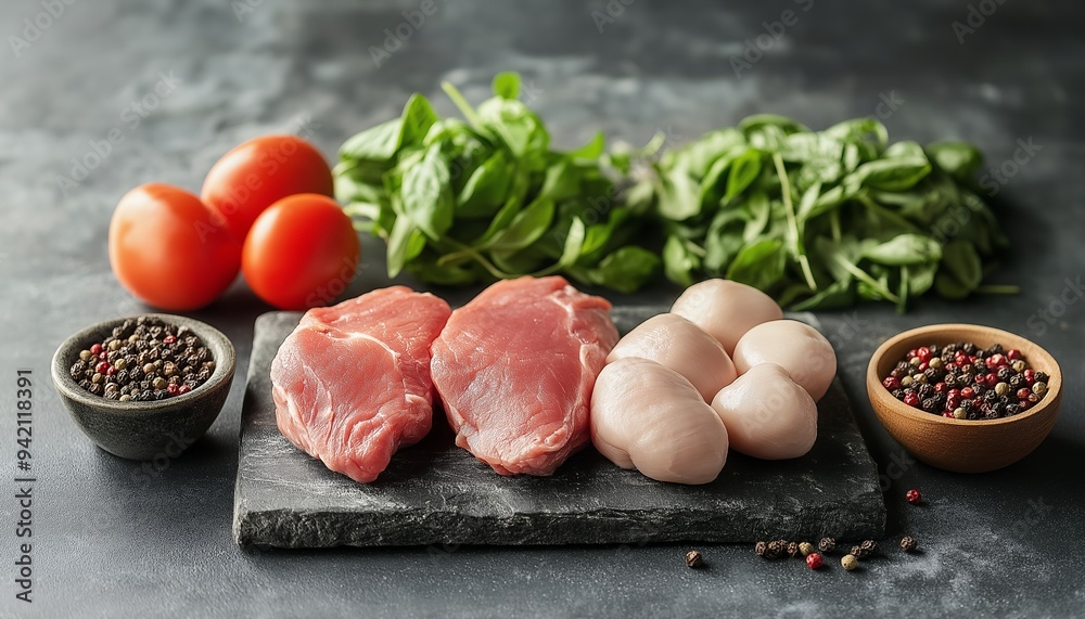 Fresh ingredients including meat, eggs, tomatoes, and spinach on a slate board. Fresh ingredients including meat, eggs, tomatoes, and spinach on a slate board.