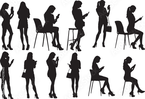 set of woman with cellphone silhouette white background