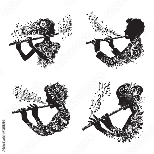 Musical Instrument Flute Silhouette Vector Collection, Black and White Flute Silhouette Vector Set