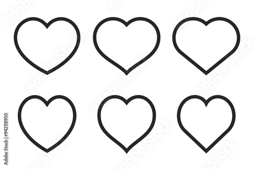 Linear black heart outline shapes icon set with editable stroke. Design elements for Valentine's Day, love, or romance. Flatline heart frames collection, herz Sammlung. Vector illustration