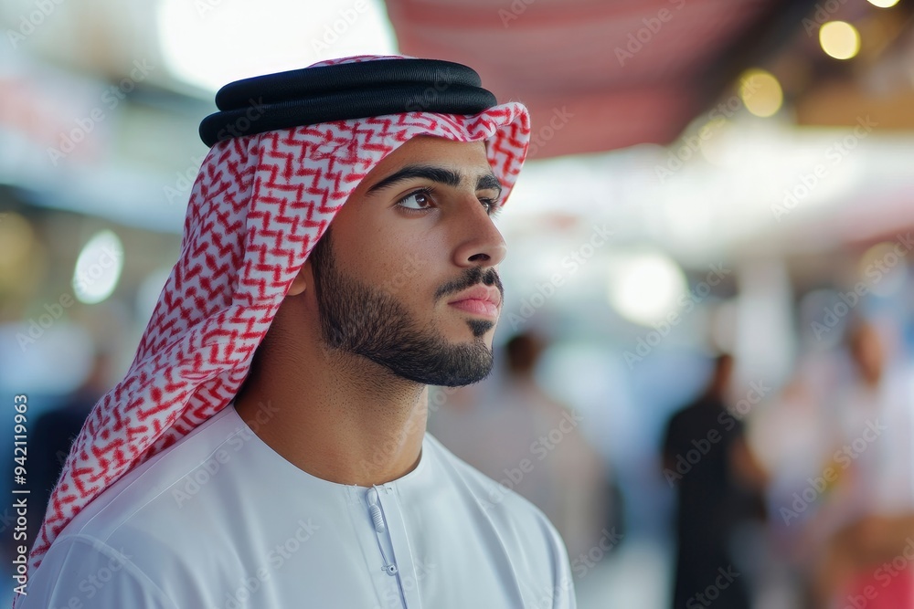 Local Middle Eastern Arab man looking on his side wearing Kandura traditional UAE menswear with generative ai Local Middle Eastern Arab man looking on his side wearing Kandura traditional UAE menswear with generative ai