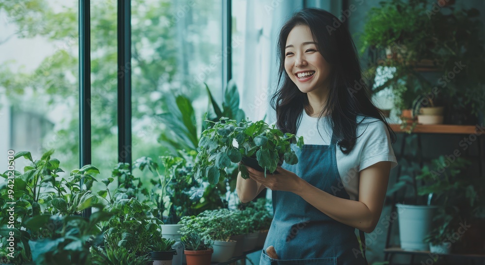 beautiful young Asian woman is smiling and holding some plants in her hands beautiful young Asian woman is smiling and holding some plants in her hands
