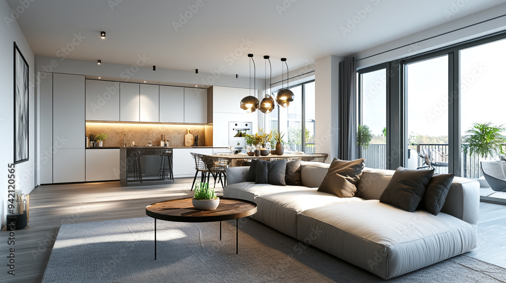 Fototapeta premium Modern contemporary living room with open kitchen design and large windows showcasing natural light in a stylish urban apartment