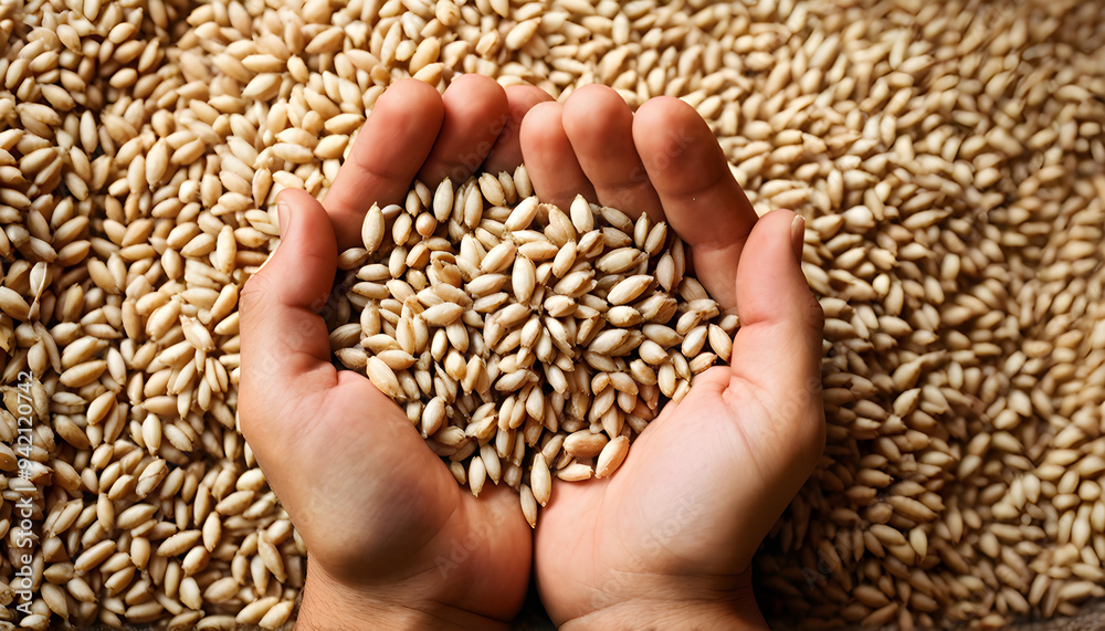 Hands holding wheat seed grains Farming Cereal Crop Food Harvest Organic Produce Agriculture Industry Seamless backdrop Hands holding wheat seed grains Farming Cereal Crop Food Harvest Organic Produce Agriculture Industry Seamless backdrop