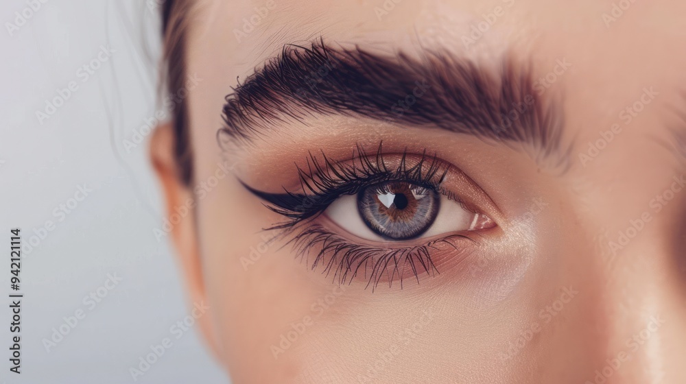 Naklejka premium Close-up of a Woman's Eye with Black Eyeliner and Long Lashes