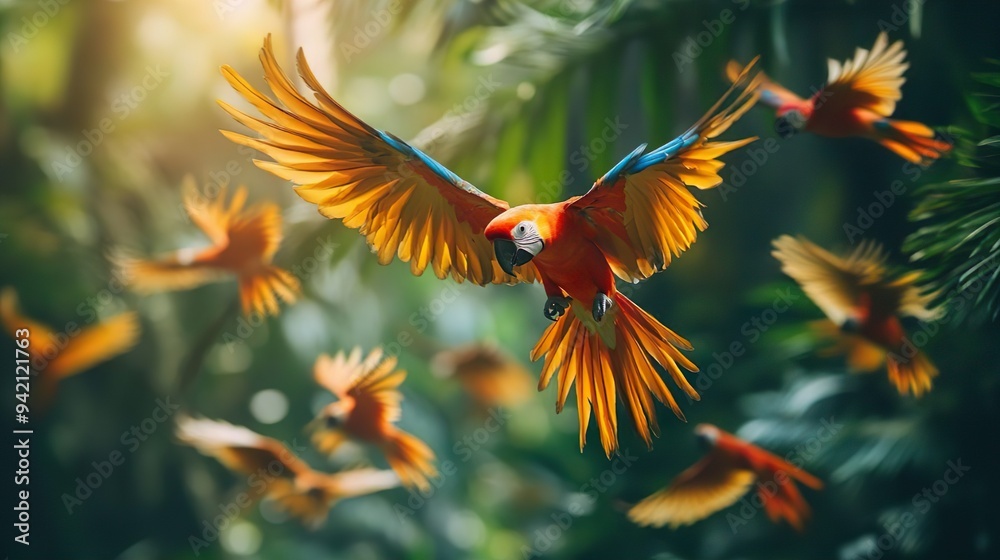 Fototapeta Exotic birds in flight over dense jungle ideal for vibrant nature-themed wallpapers