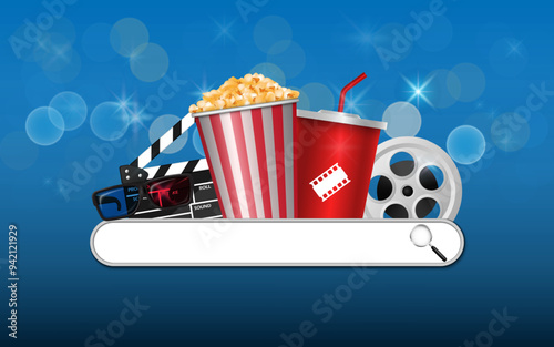Cinema background concept, Search and watch movies and media online, movie theater object on blue background and movie time with electric bulbs frame, vector illustration