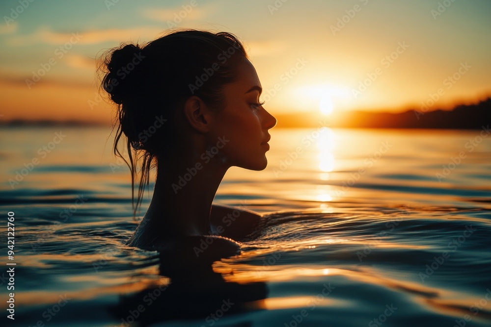 Silhouette of a woman standing in the sea at sunset, during the golden hour, with a romantic and dreamy atmosphere Generative AI Silhouette of a woman standing in the sea at sunset, during the golden hour, with a romantic and dreamy atmosphere Generative AI