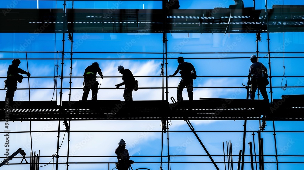 Builders working on high scaffolds silhouette image. Construction site employees photography scene wallpaper. Laborers job with professional equipment concept photorealistic photo