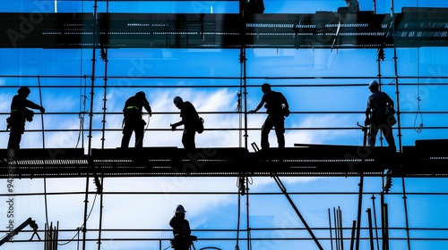 Obraz na płótnie Builders working on high scaffolds silhouette image. Construction site employees photography scene wallpaper. Laborers job with professional equipment concept photorealistic photo w salonie