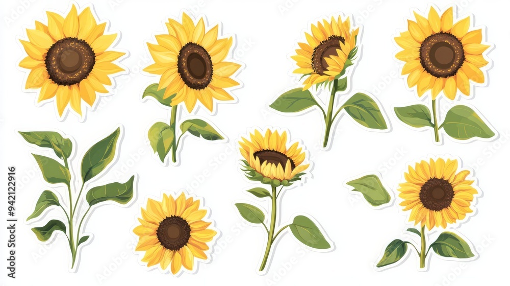 A set of sunflower stickers, cute and playful designs, perfect for decoration, flat , isolated on white background A set of sunflower stickers, cute and playful designs, perfect for decoration, flat , isolated on white background