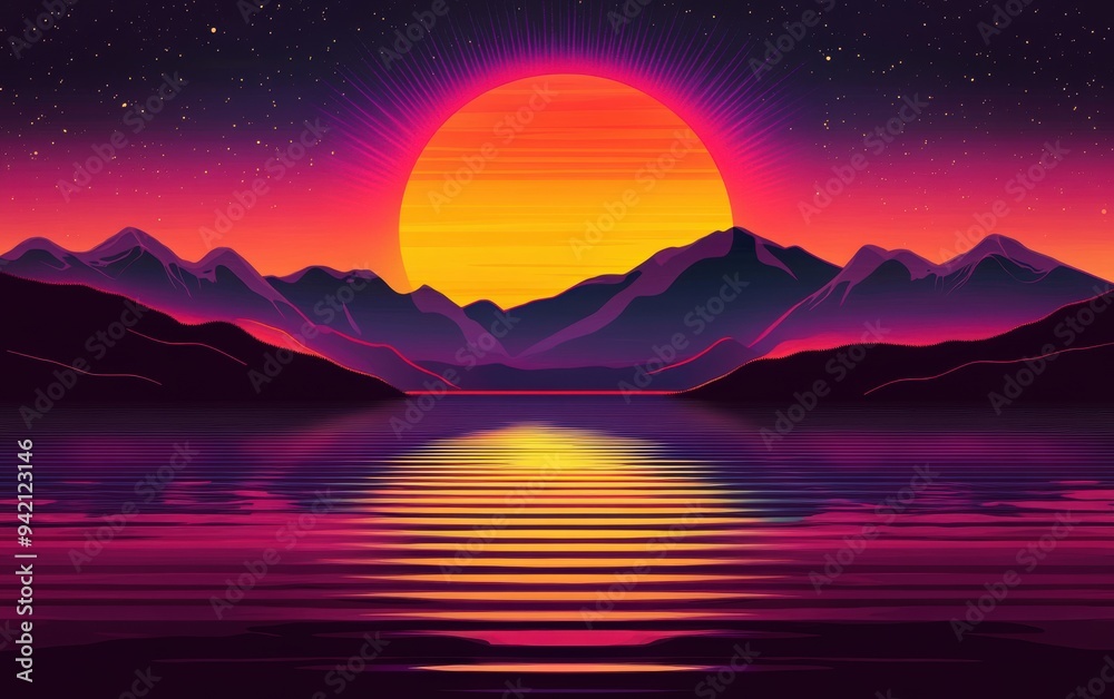 A sunset painting over a lake with mountains in the background A sunset painting over a lake with mountains in the background