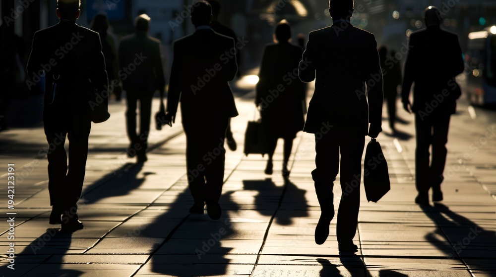 Businesspeople silhouettes on evening city street image. Corporate staff mass layoff during economy recession photography scene wallpaper. Crisis concept photorealistic photo Businesspeople silhouettes on evening city street image. Corporate staff mass layoff during economy recession photography scene wallpaper. Crisis concept photorealistic photo