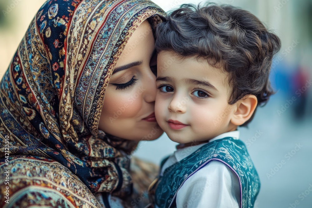 Loving Arab mother kisses his son. Arabic parent with young boy child ...