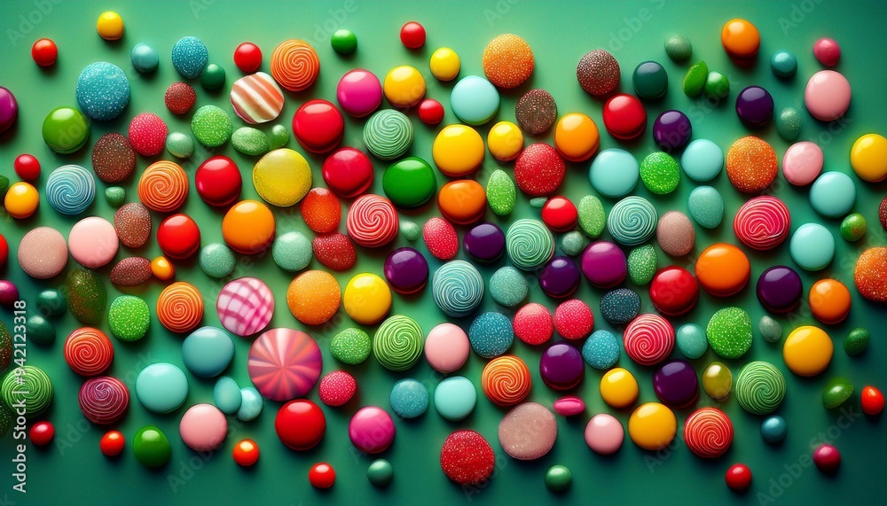 small round candies of different colors scattered on the table on a bright background, top view
small round candies of different colors scattered on the table on a bright background, top view