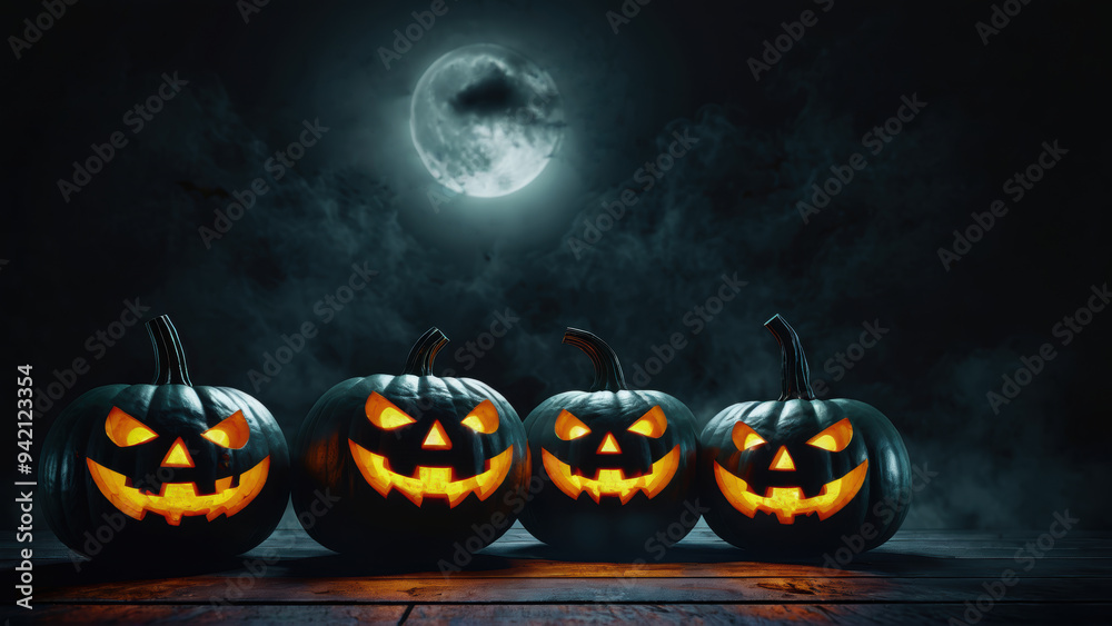 Four black jack-o-lantern pumpkins glow during a spooky Halloween night Four black jack-o-lantern pumpkins glow during a spooky Halloween night