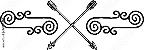 Celtic Curved Spiral Lines Border, Header, Footer - Crossed Medieval Arrows