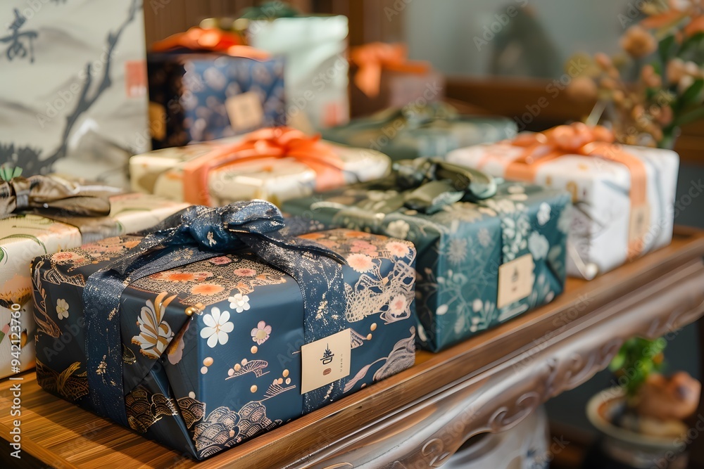 Beautifully Wrapped Gifts Displayed on a Wooden Table Beautifully Wrapped Gifts Displayed on a Wooden Table