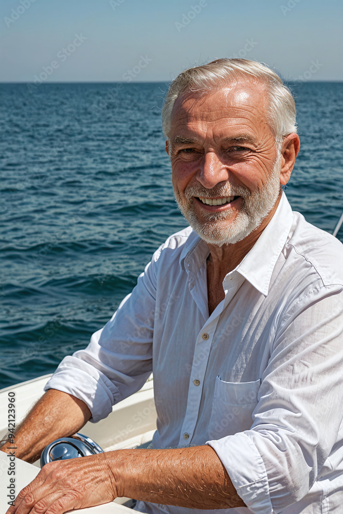 An elderly person or pensioner sits on board a ship and enjoys his well-deserved retirement abroad at sea