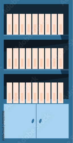 Office bookshelf filled with ring binders storing documents, an illustration of a data storage system