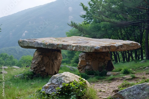 Ancient Dolmen Surrounded by Lush Greenery in a Mountainous Landscape