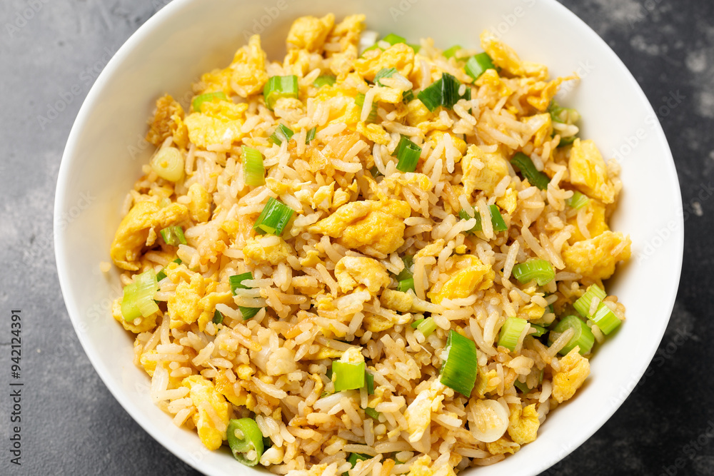Egg fried rice with garlic, ginger, spring onion and soy sauce. Asian food Egg fried rice with garlic, ginger, spring onion and soy sauce. Asian food