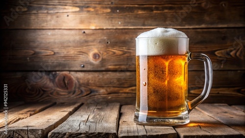 Cold Beer Mug with Frothy Head on Rustic Wooden Table.