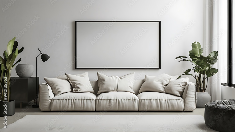Fototapeta premium A stylish contemporary living room with a beige linen sofa and a large empty black frame on the wall.