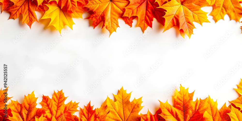 Fototapeta premium Vibrant Orange Maple Leaves on White Background - Autumn Banner Design with Copy Space for Text, Fall Season, Seasonal Decor, Nature Inspired.