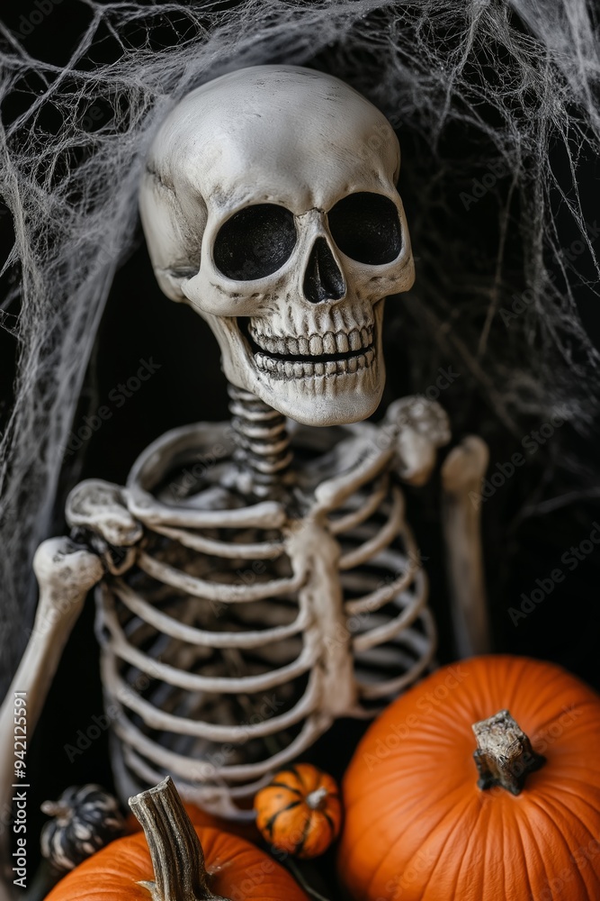 A skeleton is holding a pumpkin and two pumpkins in front of a spider web. Scene is spooky and Halloween-themed A skeleton is holding a pumpkin and two pumpkins in front of a spider web. Scene is spooky and Halloween-themed