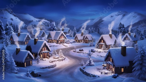 A quaint village nestled in the snow covered mountains with cozy cabins smoke rising from chimneys, and pine trees blanketed in snow. The twilight sky is a deep blue dotted with stars a serene  winter