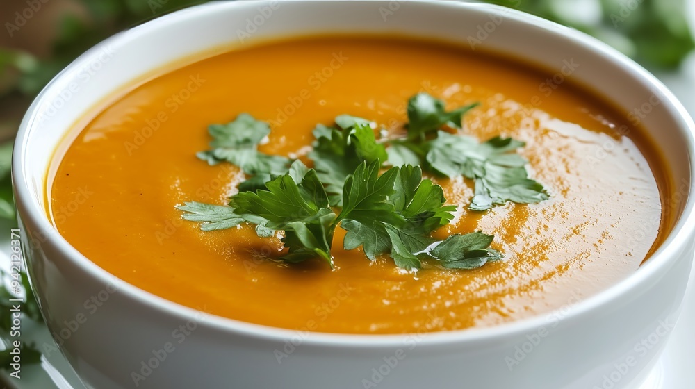 A vibrant carrot soup garnished with parsley, elegantly presented on a white plate. A vibrant carrot soup garnished with parsley, elegantly presented on a white plate.