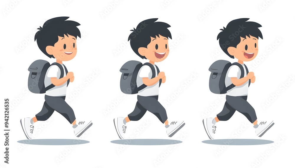 A cartoon boy with a backpack running in three different poses, isolated on white background. A cartoon boy with a backpack running in three different poses, isolated on white background.