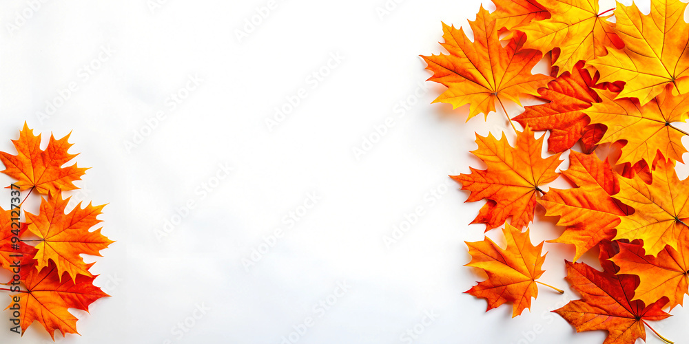 Vibrant Orange Maple Leaves on White Background - Autumn Banner Design with Copy Space for Text, Fall Season, Seasonal Decor, Nature Inspired. Vibrant Orange Maple Leaves on White Background - Autumn Banner Design with Copy Space for Text, Fall Season, Seasonal Decor, Nature Inspired.