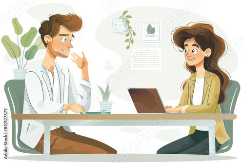 A man and a woman are sitting at a table with a laptop in front of them. They are having a conversation and seem to be discussing something important