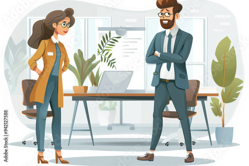 A man and a woman are standing in front of a desk with a laptop. The man is wearing a suit and tie, and the woman is wearing glasses. The scene is set in an office, and the mood is professional