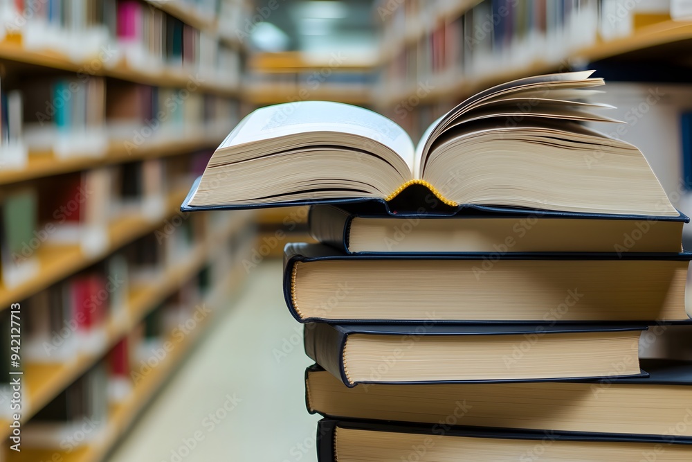 Open book on a stack of books in a library. Open book on a stack of books in a library.