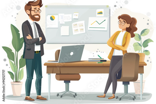 A man and a woman are standing in front of a white board with a lot of information on it. The man is smiling and the woman is looking away. The scene is set in an office, with a laptop on the table