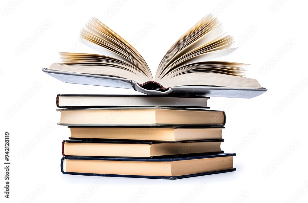 Naklejka premium Stack of books with one open book on top.