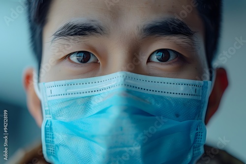 Close-Up Portrait of a Young Man Wearing a Blue Face Mask