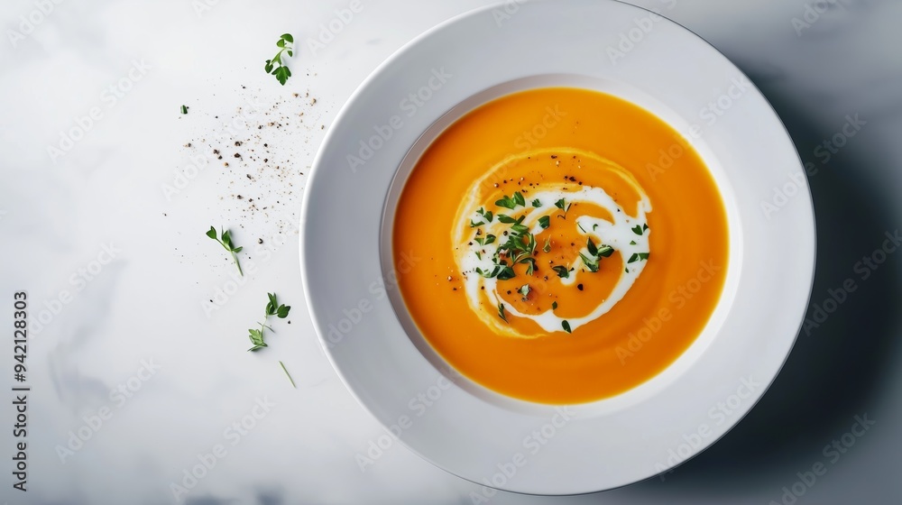 A vibrant bowl of carrot soup, garnished and elegantly served, creates a stunning visual contrast. A vibrant bowl of carrot soup, garnished and elegantly served, creates a stunning visual contrast.