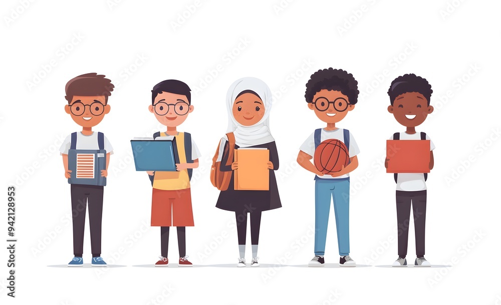 Five diverse children standing in a row, holding school supplies and a basketball. Five diverse children standing in a row, holding school supplies and a basketball.