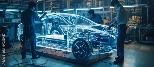 Engineers at a hightech automotive design lab are working on a futuristic electric car concept, displaying a holographic 3D model that represents innovation and cuttingedge technology photo