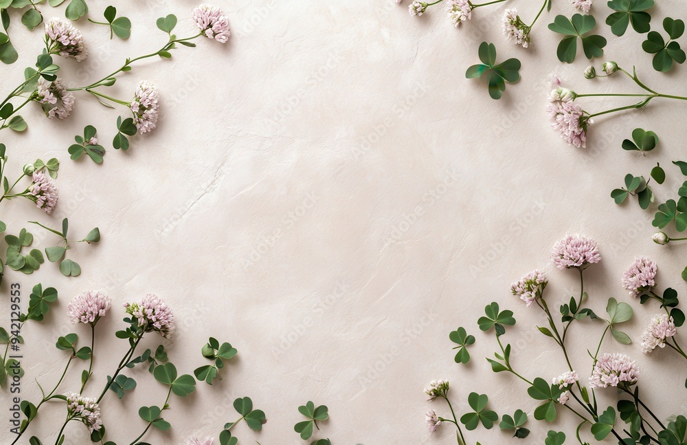 blank sheet of white paper with green leaves and purple clover flowers on the edges blank sheet of white paper with green leaves and purple clover flowers on the edges