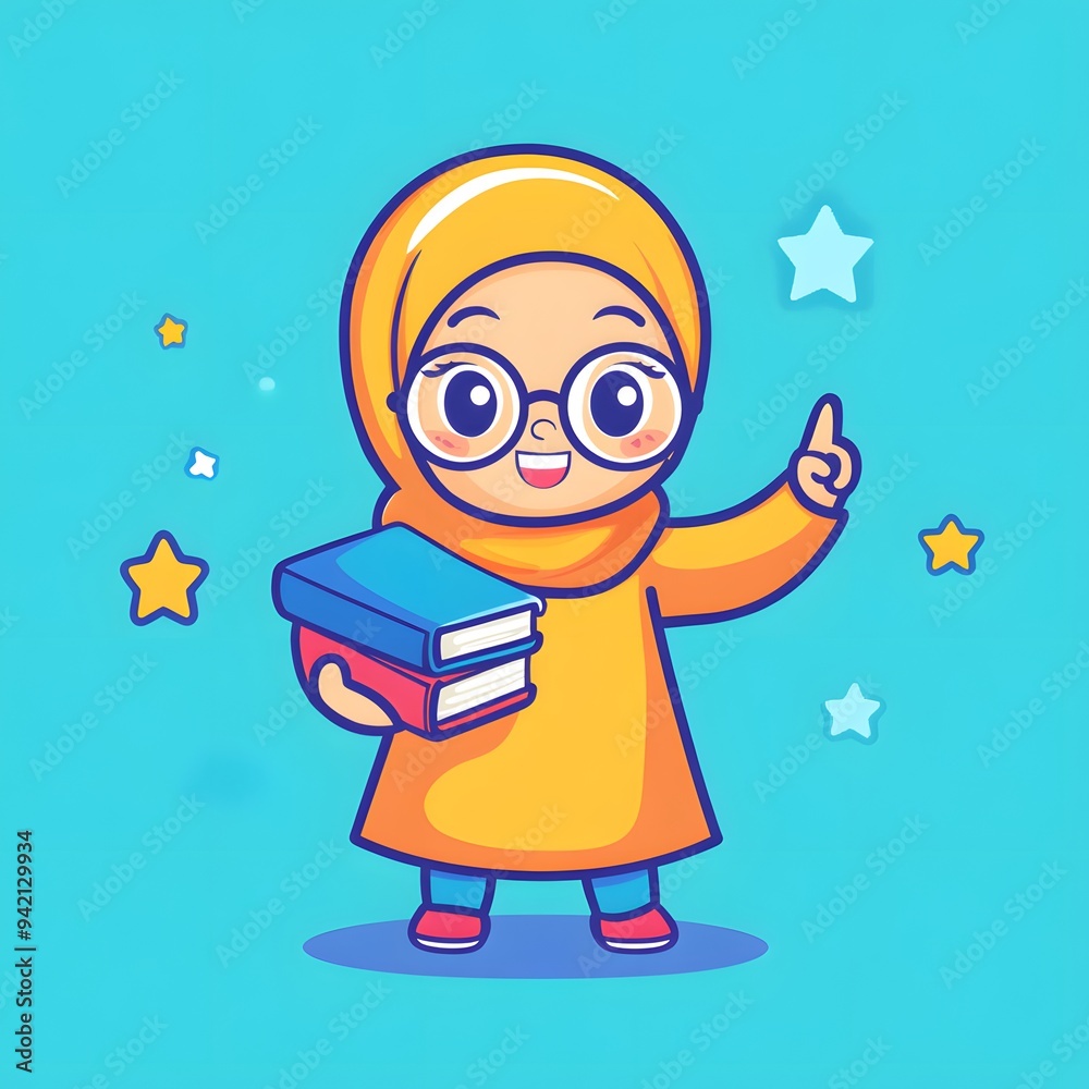 Cute girl in hijab holding books and pointing up. Cute girl in hijab holding books and pointing up.